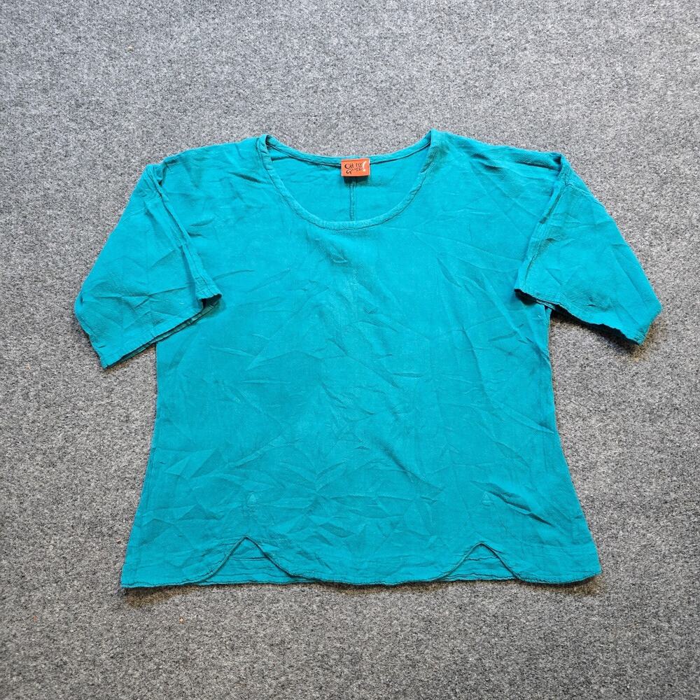 Oh My Gauze Top Womens Medium Green Short Sleeve Shirt Basic Casual Lagenlook